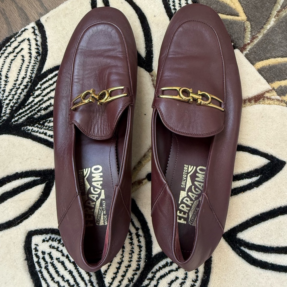 Salvatore Ferragamo Burgundy Leather Loafers with Gancini ornament